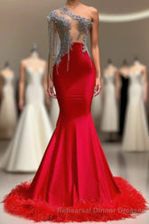 Charming Red Long Mermaid Tassel One Shoulder Satin Backless Semi Formal Prom Dress
